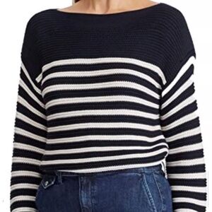Lauren Ralph Lauren Sweater Navy Stripe Boatneck Coastal 100% Cotton Sz L